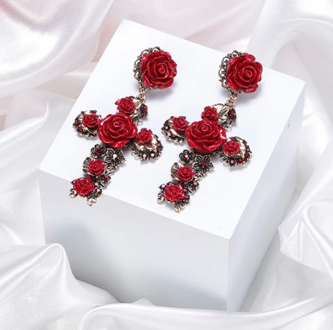 Red Rose cross earrings